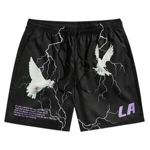 Men Pigeon & Slogan Graphic Drawstring Waist Shorts in Black, Size M​​